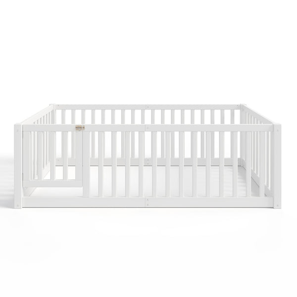 English Elm Twin Floor Bed Pine Wood Frame with Guardrails and Door for Safe Toddler Sleep W1580P417668