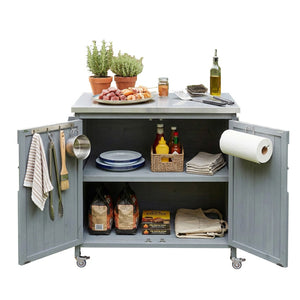 English Elm K&k Rolling Outdoor Kitchen Island Solid Fir Wood Stainless Steel Top Storage Cabinet Grey+Blue N707P370287G