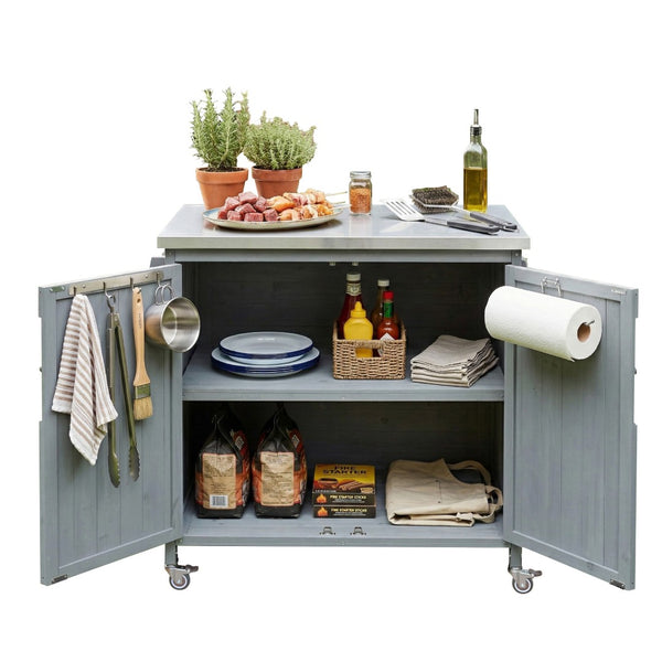 English Elm K&k Rolling Outdoor Kitchen Island Solid Fir Wood Stainless Steel Top Storage Cabinet Grey+Blue N707P370287G