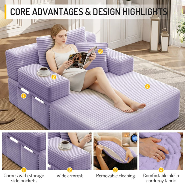 English Elm Luxurious Corduroy Frameless Chaise Sofa Bed with Spring Cushion and Storage Pocket Purple W3219P496264