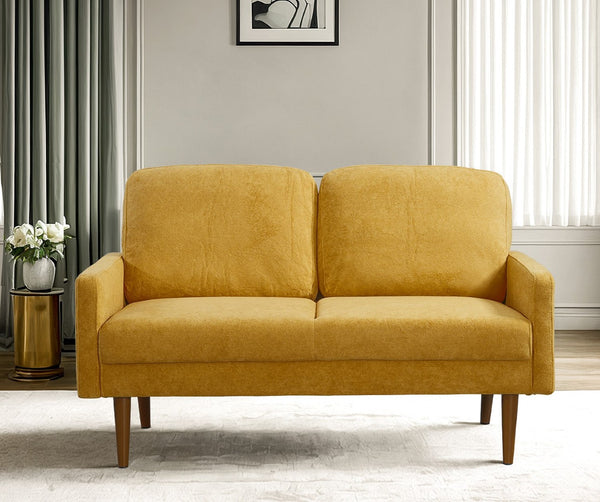 English Elm Velvet Upholstered Two Seat Loveseat with Tapered Wood Legs Mid Century European Style Mustard Yellow B2735P291962