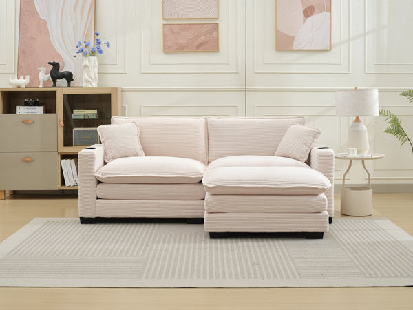 English Elm L Shape Sofa Couch With Usb Port & Cup Holder, Stylish Corduroy 2-Seater In Beige For Small Spaces W2100S00140