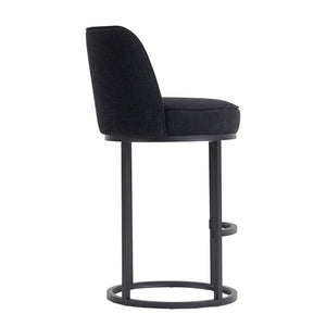 English Elm Counter Height Barstools Set of 2 Linen Upholstered Barrel Seat with Iron Legs Black W395P410438