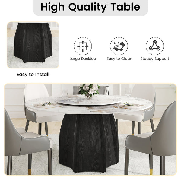 English Elm 59.05" Round Marble Dining Table With Lazy Susan, Black Oak Base, Seats 6-8, Elegant & Durable Design W1535S00460