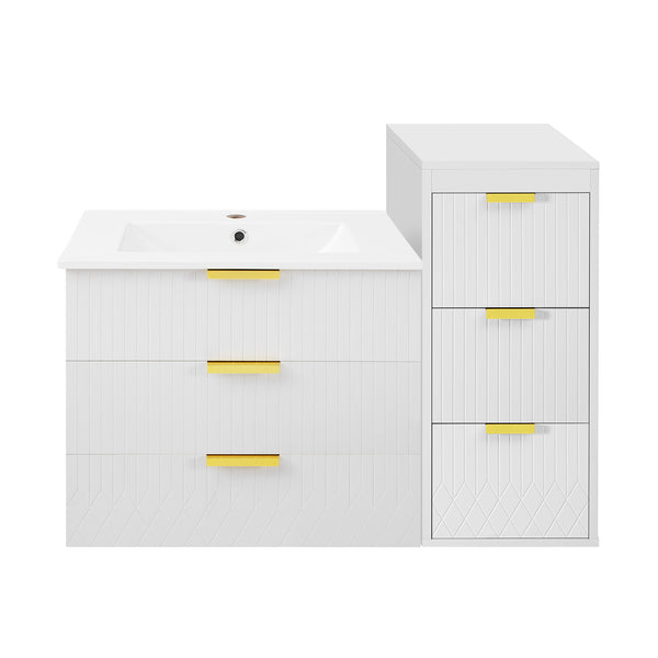 English Elm 24inch Bathroom Vanity with Sink - Wall-Mounted Floating Combo with Ceramic Basin, Modern L-Handle Design White N710S324097K