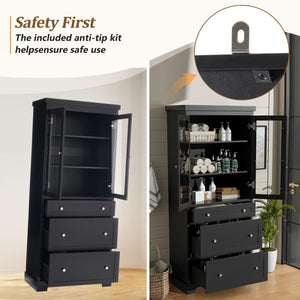 English Elm 70.1" Modern Tall Storage Cabinet with 3 Drawers, 2 Adjustable Shelves, Soft-Close Glass Doors, Gold Handles Black N729P271979B
