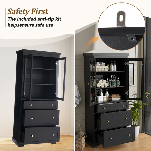 English Elm 70.1" Modern Tall Storage Cabinet with 3 Drawers, 2 Adjustable Shelves, Soft-Close Glass Doors, Gold Handles Black N729P271979B