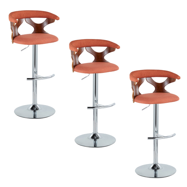 English Elm Gardenia Mid-Century Adjustable Swivel Barstool Set of 3 in Orange Fabric, Walnut & Chrome Base, Cozy B202S00869