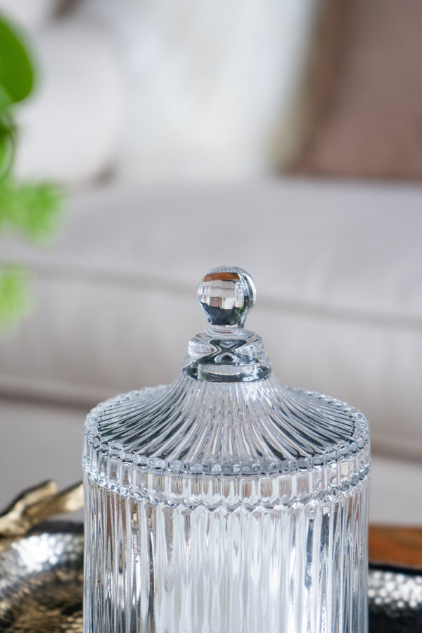 English Elm D4x6"Ancell Elegant Lidded Glass Jar with Ribbed Sides & Finial Top — Decorative Storage for Tea/Bath W2078P285577