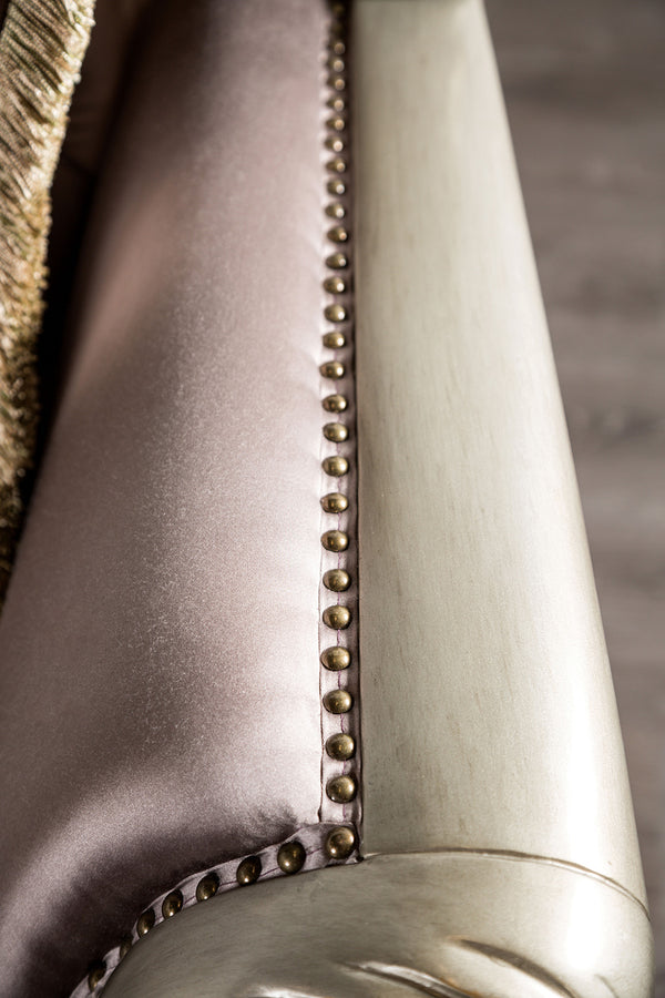 English Elm Traditional Carved Tufted Accent Chair with Rolled Arms, Nailhead Trim and Elegant Upholstery Champagne,Purple 41 L x 42 W x 33 H B2741P380803