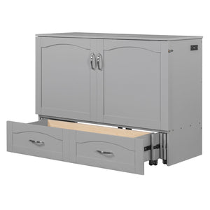 English Elm Full Size Murphy Wall Bed with Storage Drawers Usb Charging Ports and Pulley Mechanism Gray LP100670AAE
