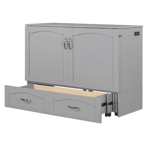 English Elm Full Size Murphy Wall Bed with Storage Drawers Usb Charging Ports and Pulley Mechanism Gray LP100670AAE