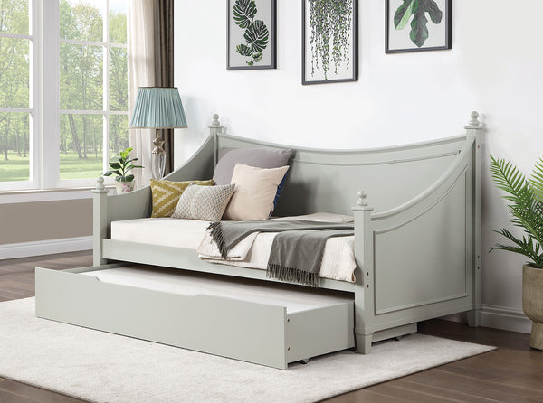 English Elm Light Twin Daybed with Molded Panels and Turned Finials, Solid Wood Transitional Design, Mattress Ready Light Gray 38 L x 81 W x 4 H B2741S00478