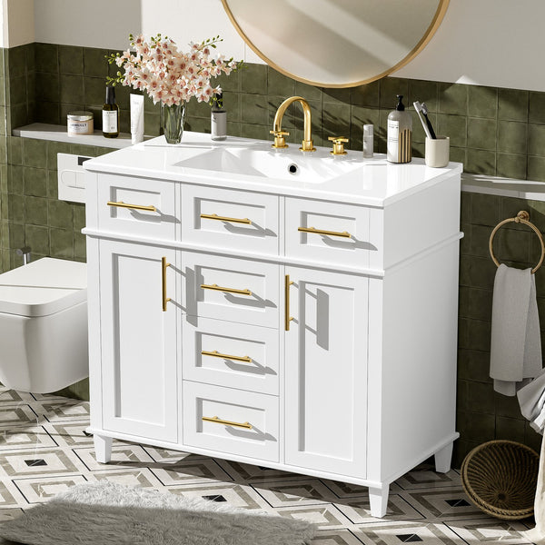 English Elm 36" White Bathroom Vanity Cabinet with Ceramic Sink, Gold Handles, Soft-Close Drawers & Adjustable Shelf N729P204177K