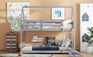 English Elm Twin Over Twin House Floor Bunk Bed With Safety Guardrails, Ladder & Playful Grey Design For Kids W504P314948-GIGA