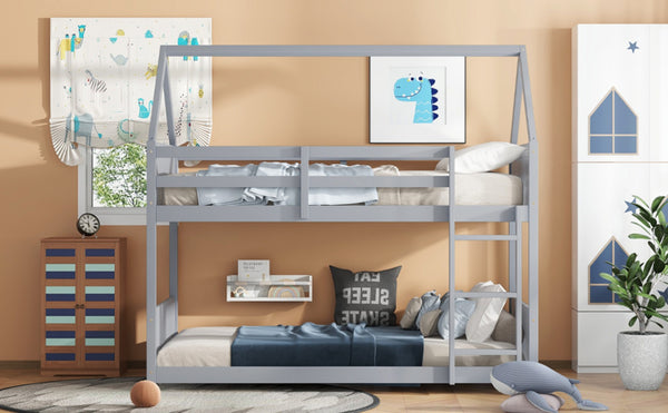 English Elm Twin Over Twin House Floor Bunk Bed With Safety Guardrails, Ladder & Playful Grey Design For Kids W504P314948-GIGA