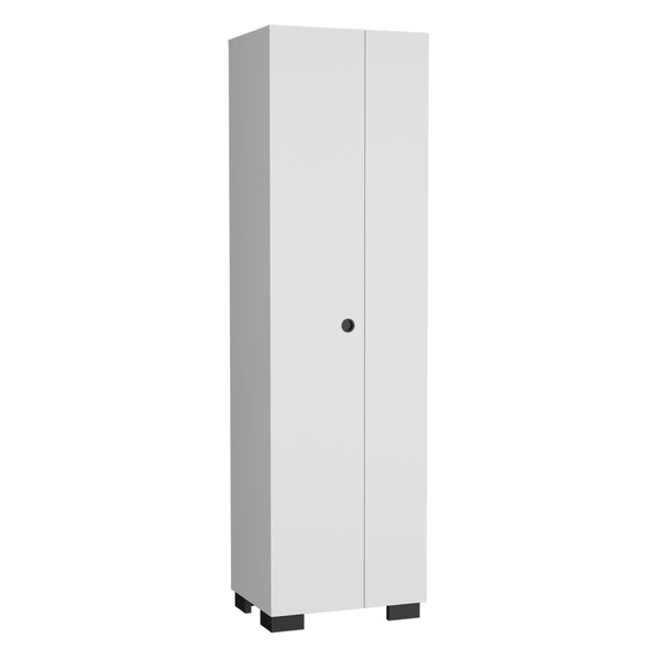 English Elm Broom Slim Double-Door Cabinet with Shelves & 3 Side Hangers, White Engineered Wood Storage B097S00188