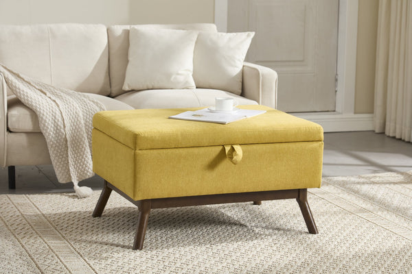 English Elm Mid-century square storage bench with solid wood frame, microfiber upholstery, versatile ottoman seat and tabletop functionality for living room and entryway appeal Yellow W1539P269657