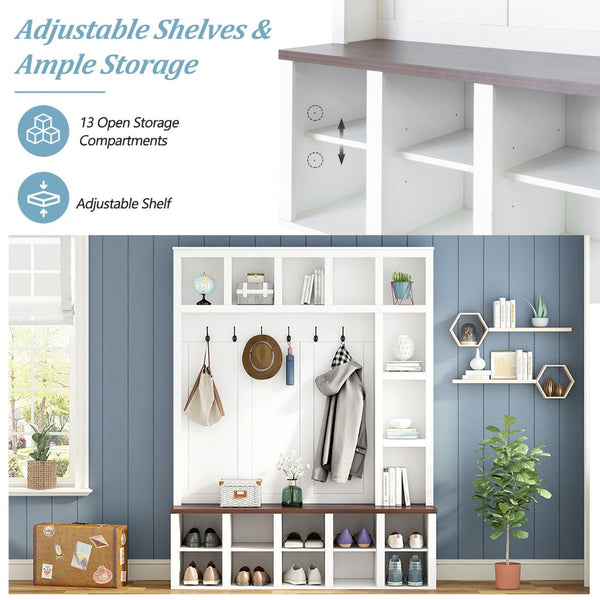 English Elm On-Trend Farmhouse Wooden Hall Tree With 6 Hooks, 4-In-1 Storage Bench & Adjustable Shelves, White N721S000044K-GIGA