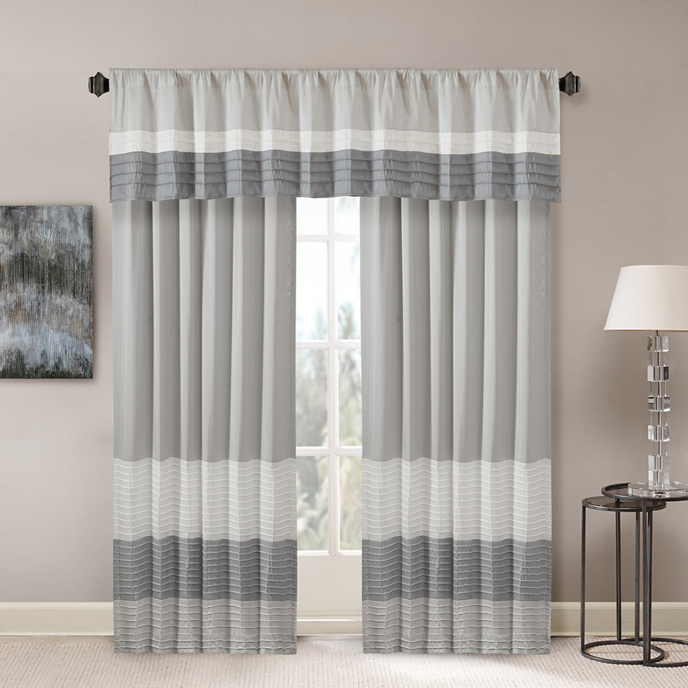 JLA Home Madison Park - Polyoni Pintuck Valance with Lined Color‑Block Stripes for Soft Light Diffusion and Tailored Texture Grey MP41-4377