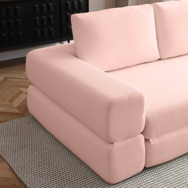 English Elm 81'' Corduroy Floor Sofa Convertible Loveseat Futon Sleeper with Foam Fill and Pillows Light Pink W1117P459735