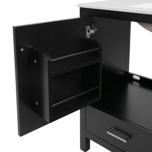 English Elm 36" Black Bathroom Vanity with Ceramic Sink, Soft-Close Doors, Divided Drawer & Double Shelves — Modern Storage Solution for Small to Medium Baths N729P276609B
