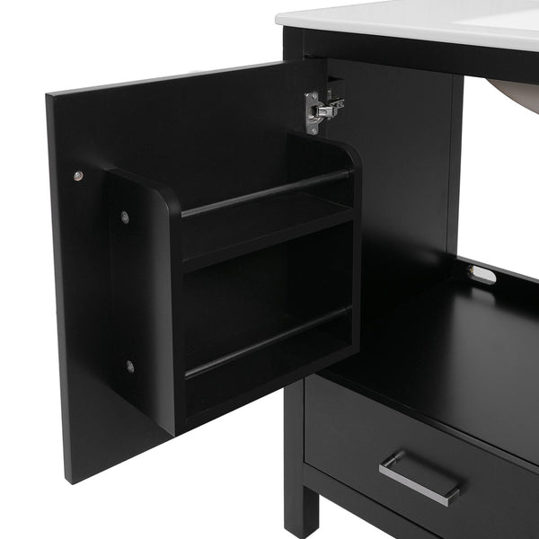 English Elm 36" Black Bathroom Vanity with Ceramic Sink, Soft-Close Doors, Divided Drawer & Double Shelves — Modern Storage Solution for Small to Medium Baths N729P276609B
