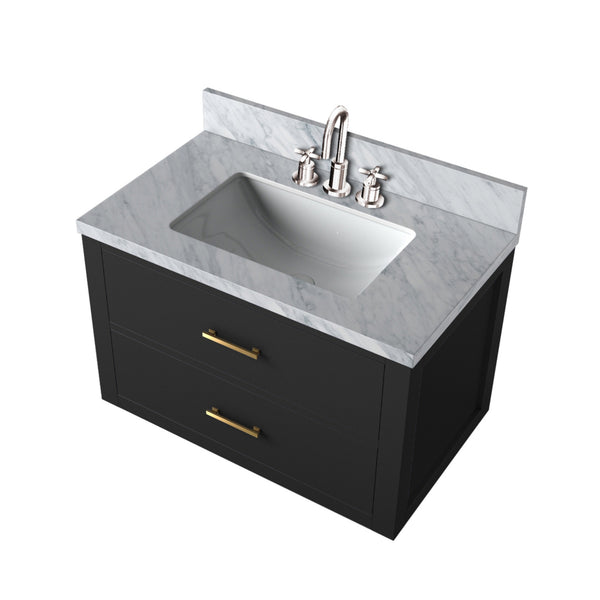 English Elm Black Single Bath Vanity With Elegant Carrara Marble Top & Chrome Faucet - Stylish Storage Solution! B2731P257917