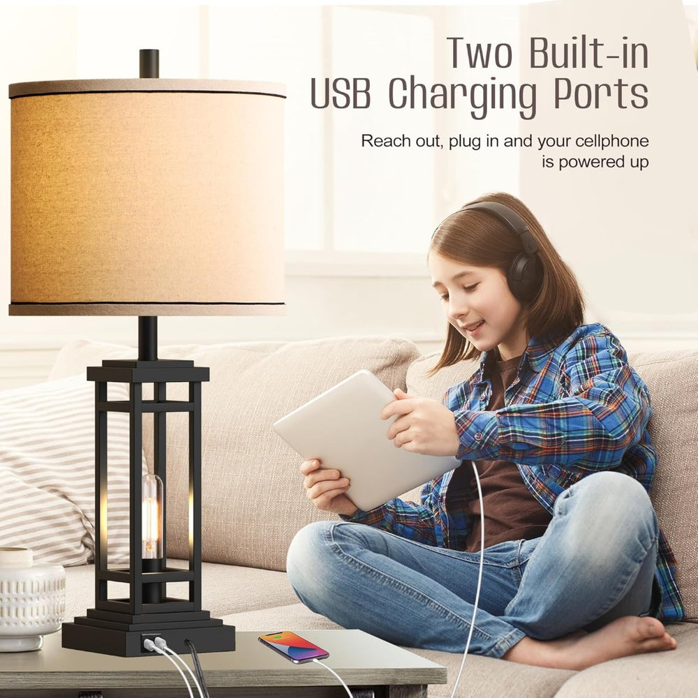 English Elm 27.5 Inch Farmhouse Bronze Table Lamp Set with Usb Charging Ports for Bedroom Decor W3355P440796
