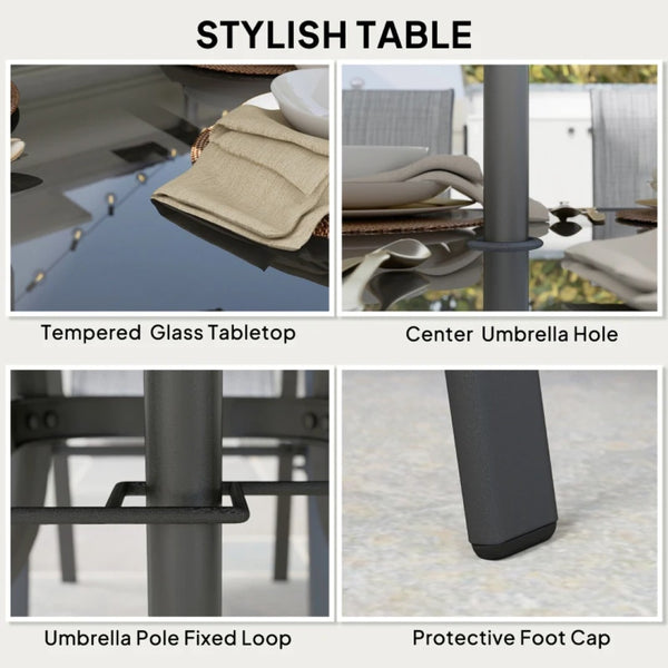English Elm Modern Outdoor Dining Set 8 Piece Aluminum Mesh Chairs Glass Table with Umbrella T3971S00148