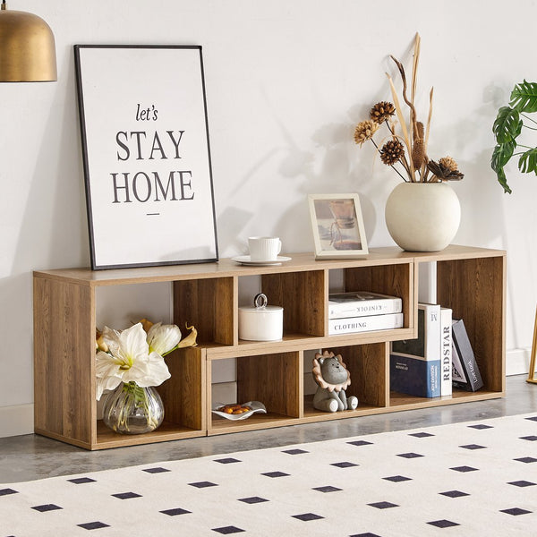 English Elm 2 Pieces Cube TV Stand with Adjustable 55–80" Length, Six Open Shelves, Modern Minimalist Storage and Durable MDF Design Natural Wood W3226P298393