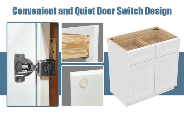 English Elm 33" White Shaker Base Cabinet Solid Wood Dovetail Drawer Soft Close Kitchen Storage T2950P361483