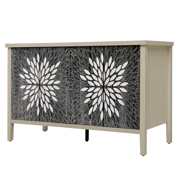 English Elm Sideboard Elegant Floral Handle Buffet Cabinet with 4 Doors, Adjustable Shelves & Reinforced Feet for Dining Room Storage Black,Natural W688P232758