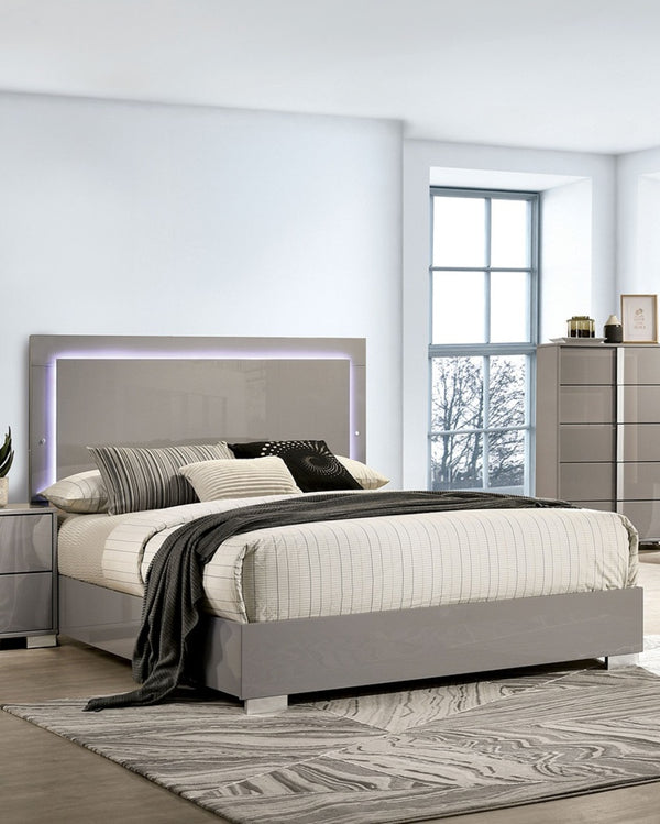 English Elm Contemporary Light Taupe Queen Bed With Led Headboard - Modern Design, Cozy Ambiance & Easy Assembly B2741S00081