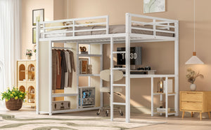 English Elm Queen Size Loft Bed Frame With Desk, Wardrobe & Storage Shelves – Stylish Space-Saving Solution! W1580S00179-GIGA