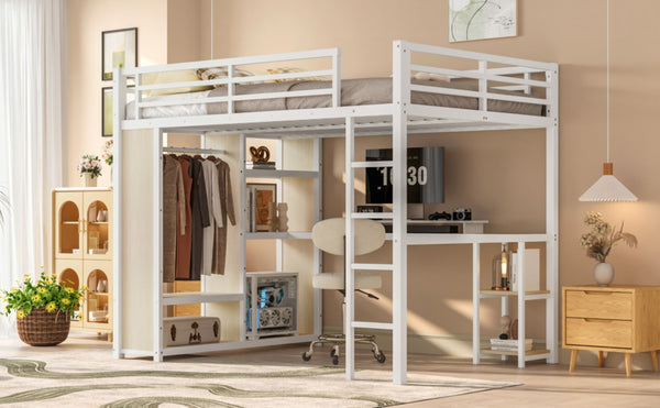 English Elm Queen Size Loft Bed Frame With Desk, Wardrobe & Storage Shelves – Stylish Space-Saving Solution! W1580S00179-GIGA