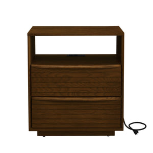 English Elm Mid Century Modern nightstand with USB charging, louver drawers, open shelf and hidden cord storage Walnut Brown W1801P303385