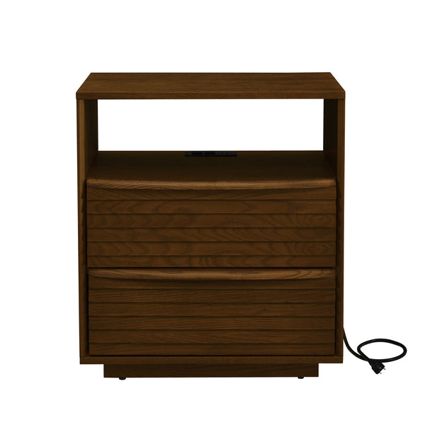 English Elm Mid Century Modern nightstand with USB charging, louver drawers, open shelf and hidden cord storage Walnut Brown W1801P303385