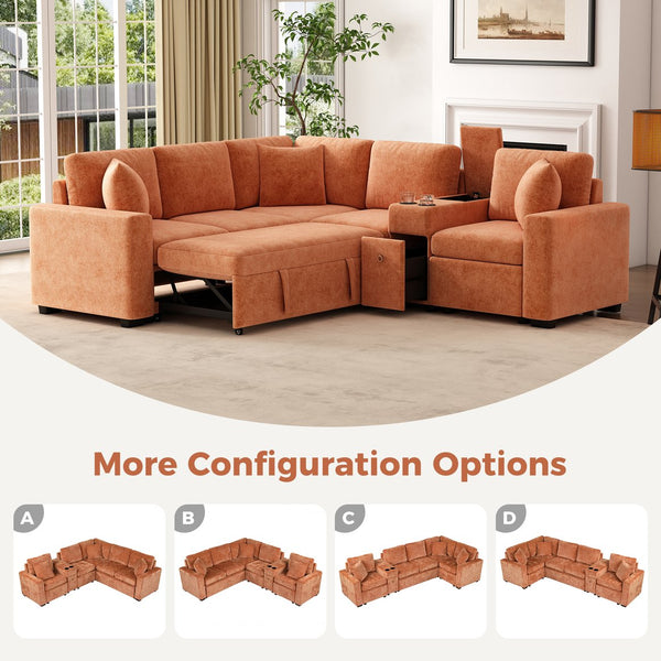 English Elm 120.5" L-shaped Convertible Sofa Bed Modular Sectional with Pull-Out Sleeper, Chenille, Storage, Cup Holders Orange N719S001940G