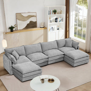 English Elm Modular U-Shaped Sectional Sofa – 130.7 Inch Comfy Chenille Couch With Movable Ottomans, Grey W1359S00040
