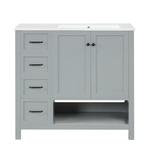 English Elm 36" Freestanding Bathroom Vanity Solid Wood Mdf Cabinet Ceramic Undermount Sink Open Shelf Grey N725P364203E