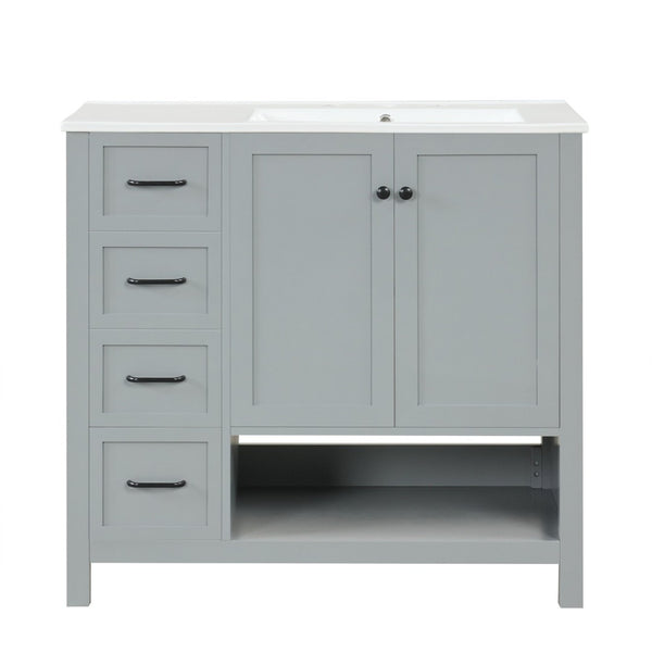 English Elm 36" Freestanding Bathroom Vanity Solid Wood Mdf Cabinet Ceramic Undermount Sink Open Shelf Grey N725P364203E