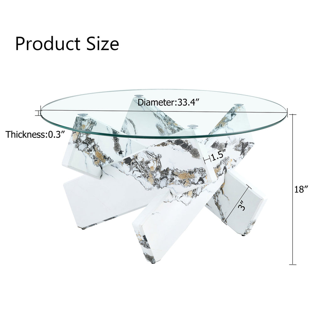 English Elm Round glass coffee table with 33.4" tempered top, white patterned MDF legs, sturdy 130lb capacity modern centerpiece W1512P395025