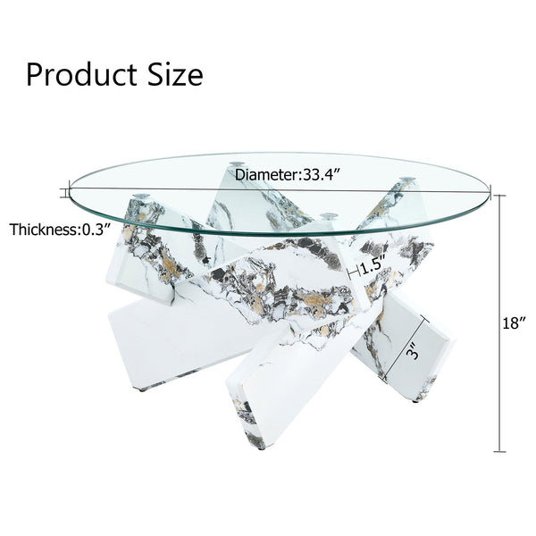 English Elm Round glass coffee table with 33.4" tempered top, white patterned MDF legs, sturdy 130lb capacity modern centerpiece W1512P395025