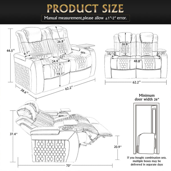 English Elm 62.2"power Recliner Set of 2 Top-grain Nappa Leather Home Theater Seating with Rgb Led Coffee W3819S00099