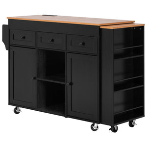 English Elm K&k Rolling Kitchen Island with Extendable Table Open Shelving and Built-in Power Outlet Black N707P360278B