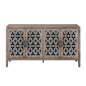 English Elm Hollow Four Door Wooden Cabinet with Floral Carved Doors, Slim Console Sideboard for Living Room TV Storage Antique brown W1445P146390