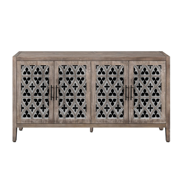 English Elm Hollow Four Door Wooden Cabinet with Floral Carved Doors, Slim Console Sideboard for Living Room TV Storage Antique brown W1445P146390