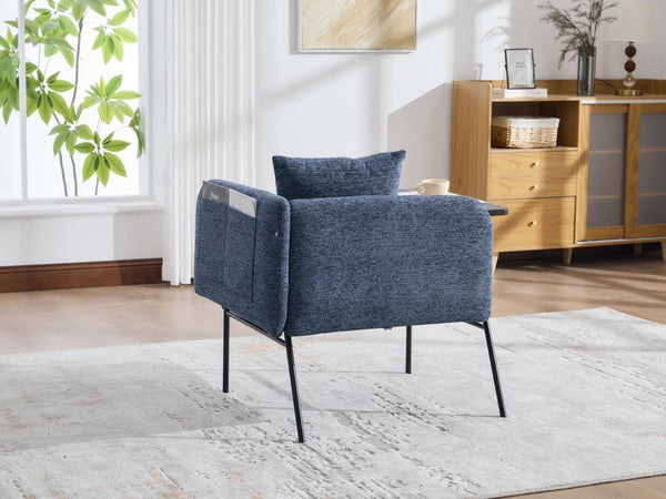 English Elm Leisure Linen Accent Chair with Built-in Side Table Pockets and Lumbar Pillow Modern Navy W395P453310