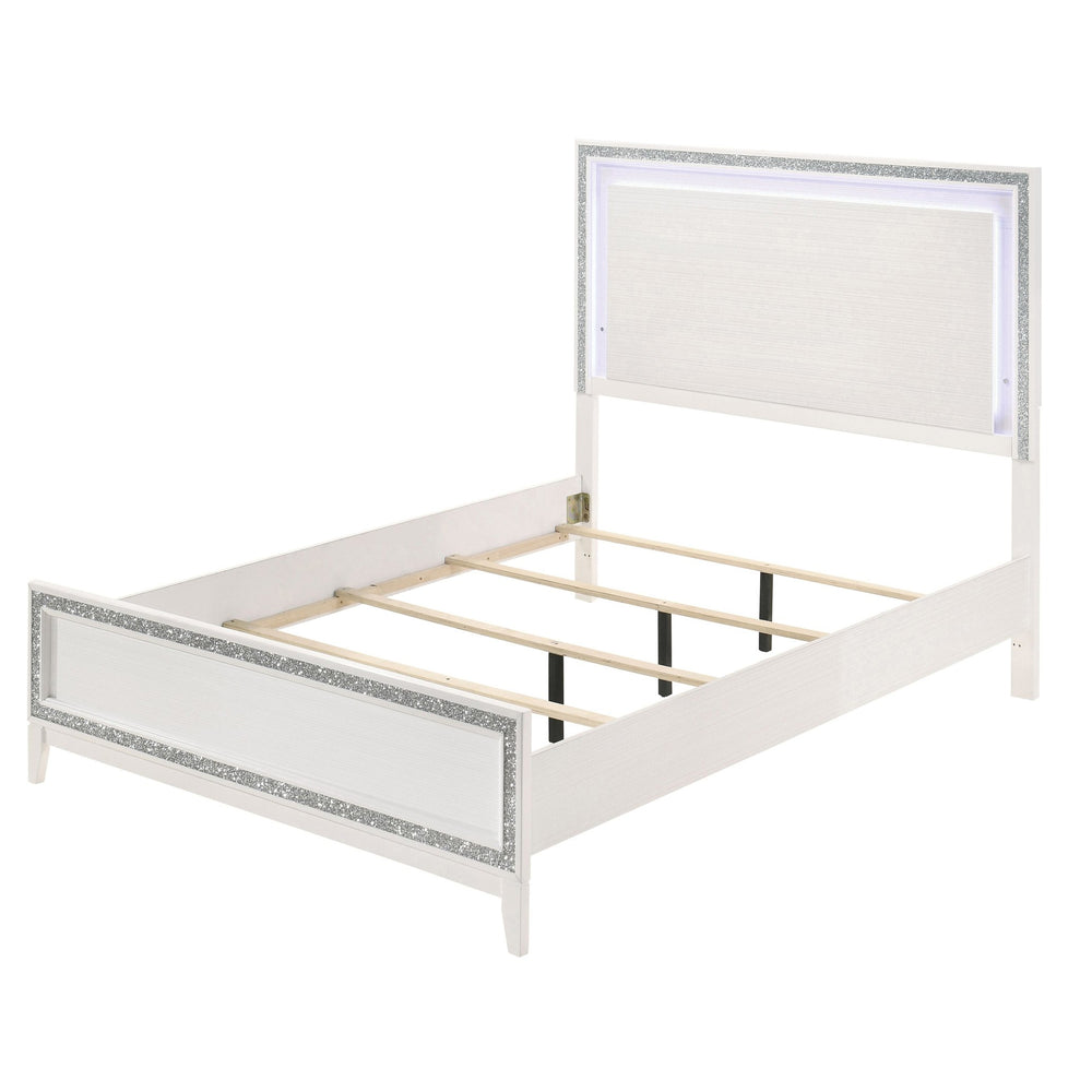 English Elm White Queen Bed LED Headboard with Silver Trim, Low-Profile Footboard, Stable Slat Support B062S00485